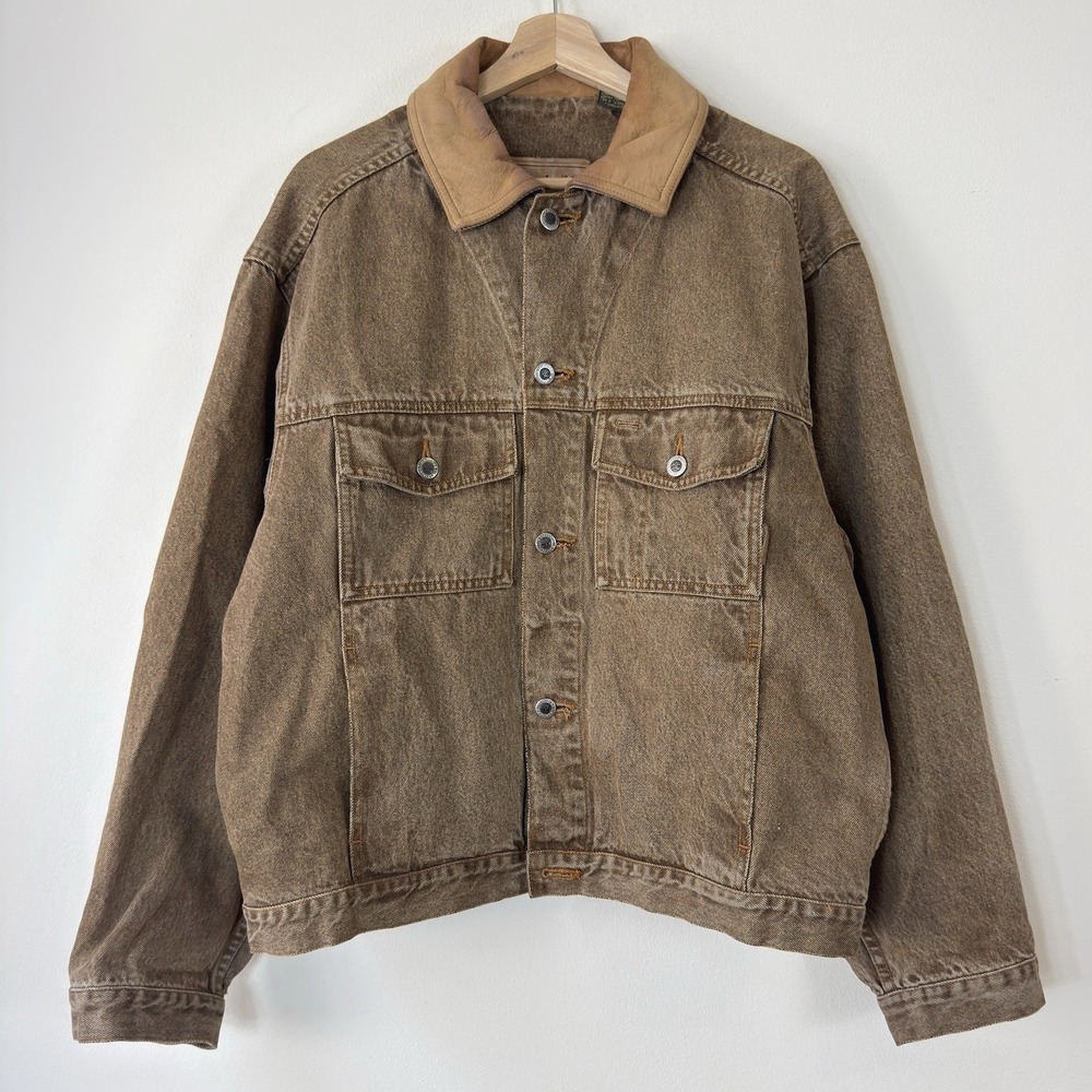 Vintage Timberland Brown Denim Jean Cotton Genuine Leather Collar Jacket Medium